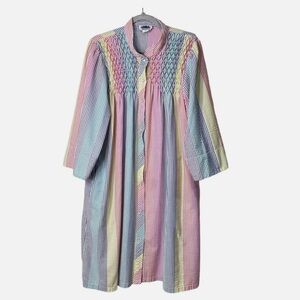 Vintage Rainbow Striped Seersucker Smocked House Coat Robe Grandma Cottage L